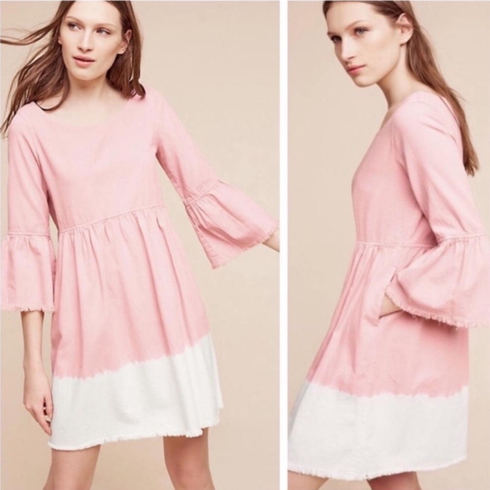 Dip Dye Babydoll Dress Holding Horses Anthropologie Bell Sleeve Raw Hem 8